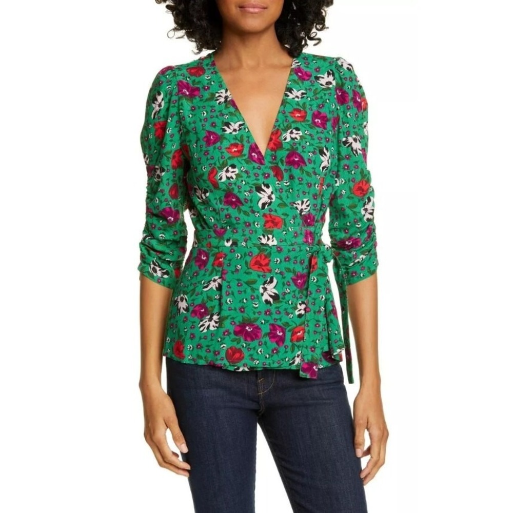 Ba&Sh Paco Floral Wrap Top Blouse Green Ruched 3/4 Sleeves Tie waist Size M